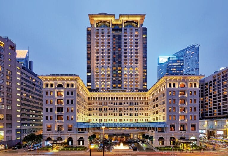The Peninsula Hong Kong exterior in the evening, flagship of HSH