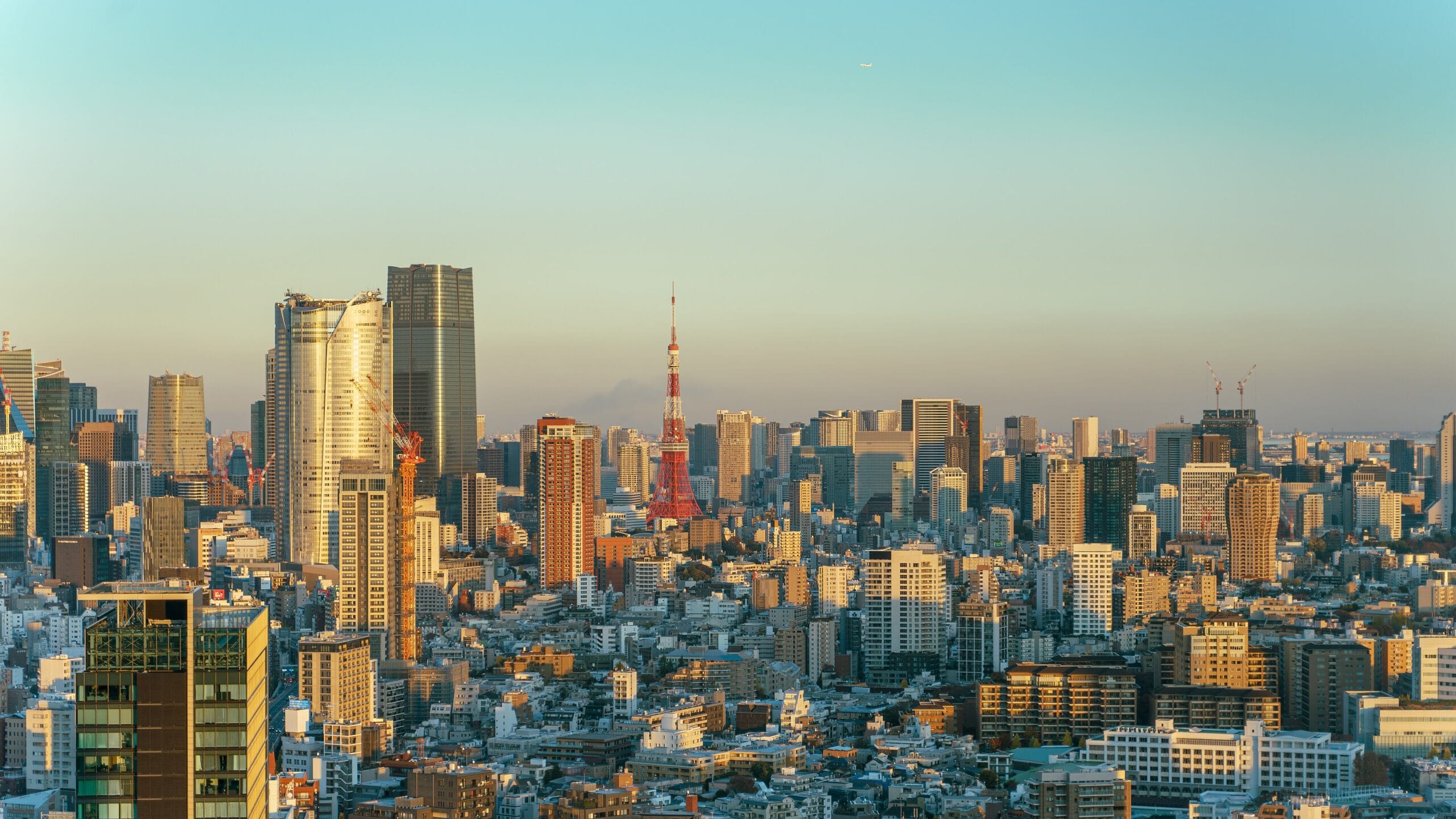 Golden-hour skyline of Minato, Tokyo, with Tokyo Tower rising among the high-rise towers