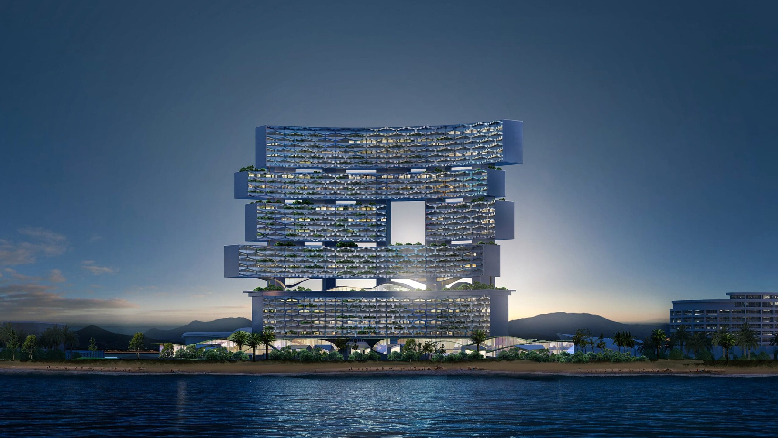 Sanya Horizons rendering, Regent and Hotel Indigo resort by Büro Ole Scheeren, Haitang Bay