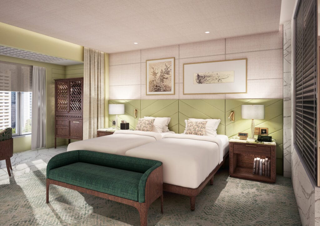 Rendering of the new guestroom design at Mandarin Oriental, Hong Kong