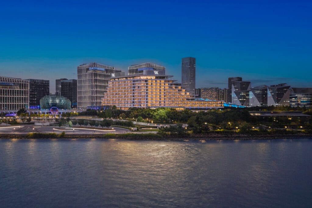Waldorf Astoria Shanghai Qiantan exterior at night in Pudong, Shanghai