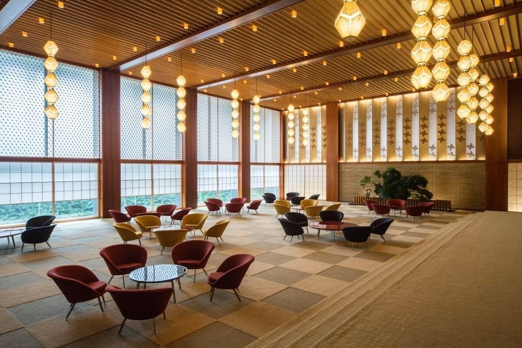 The Okura Prestige Tower main lobby with lattice ceiling and hanging lanterns, Tokyo