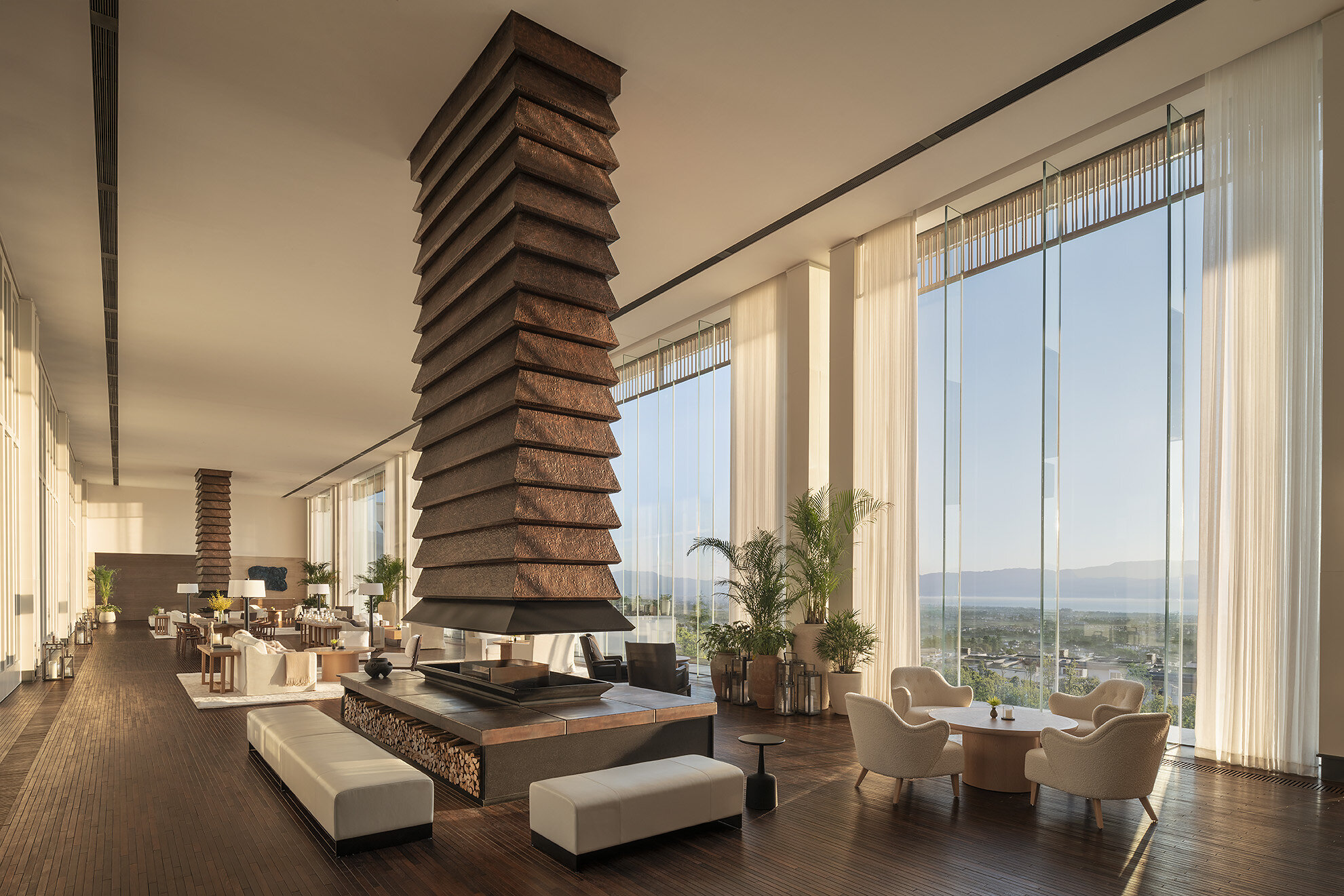 The Dali EDITION lobby lounge with views over Erhai Lake, Yunnan
