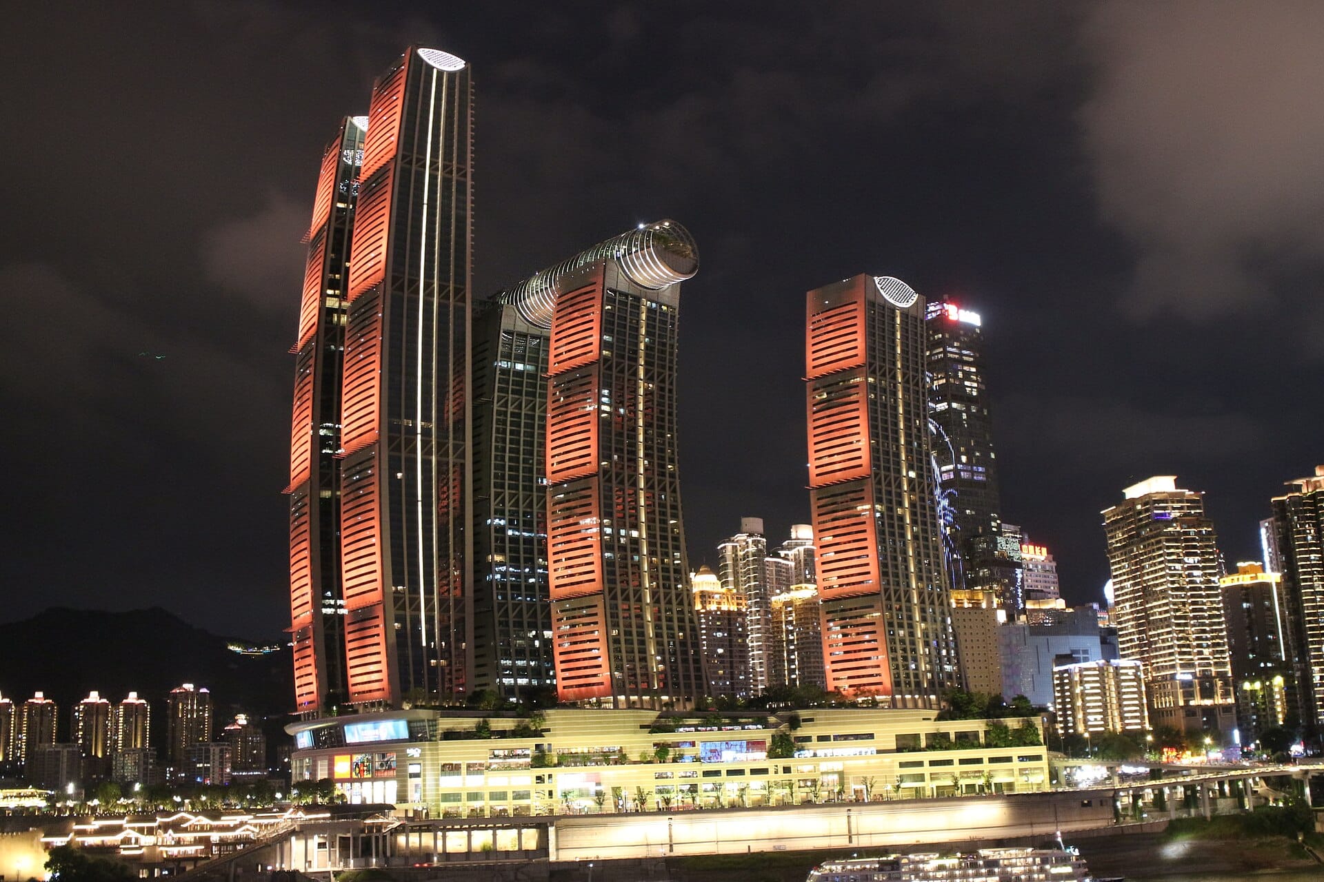 Raffles City Chongqing, the towers and The Crystal sky bridge at Chaotianmen