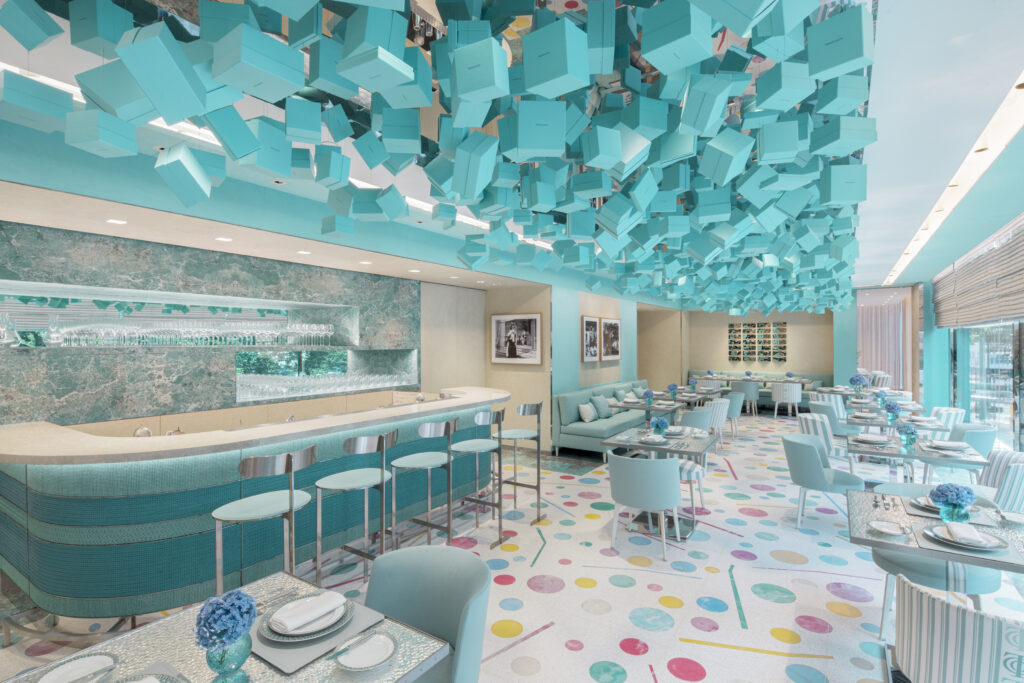 Dining room of the Tiffany Blue Box Café at Lee Gardens, Causeway Bay, with its ceiling of Tiffany Blue boxes