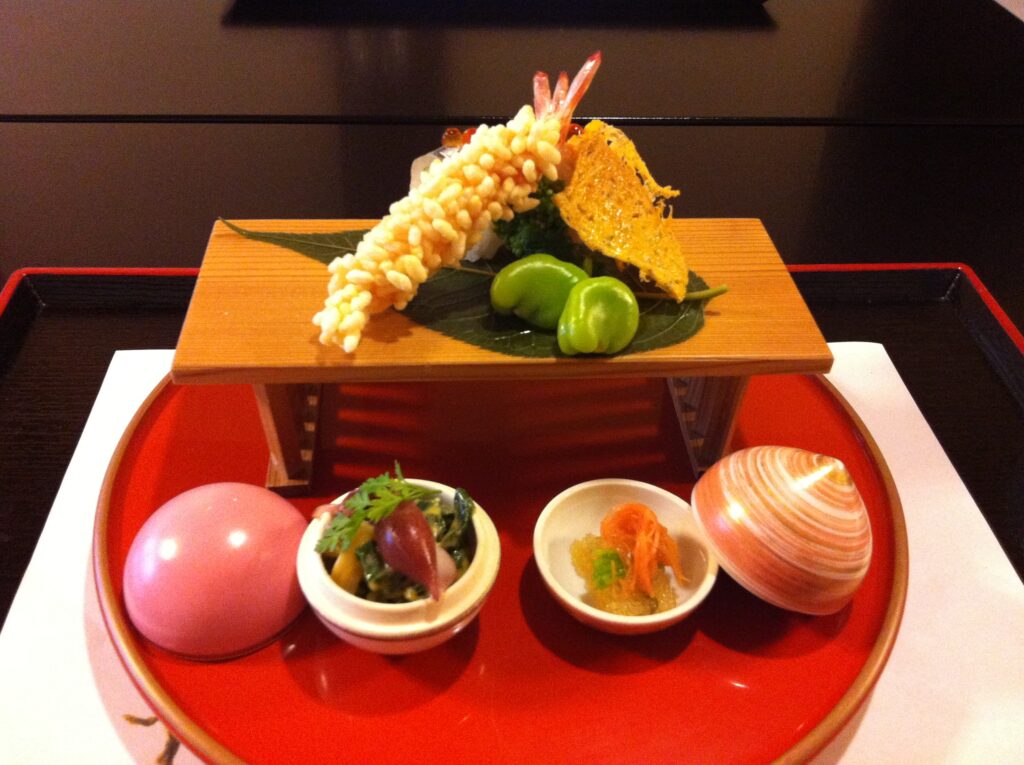 Traditional kaiseki meal served in small dishes, Kyoto