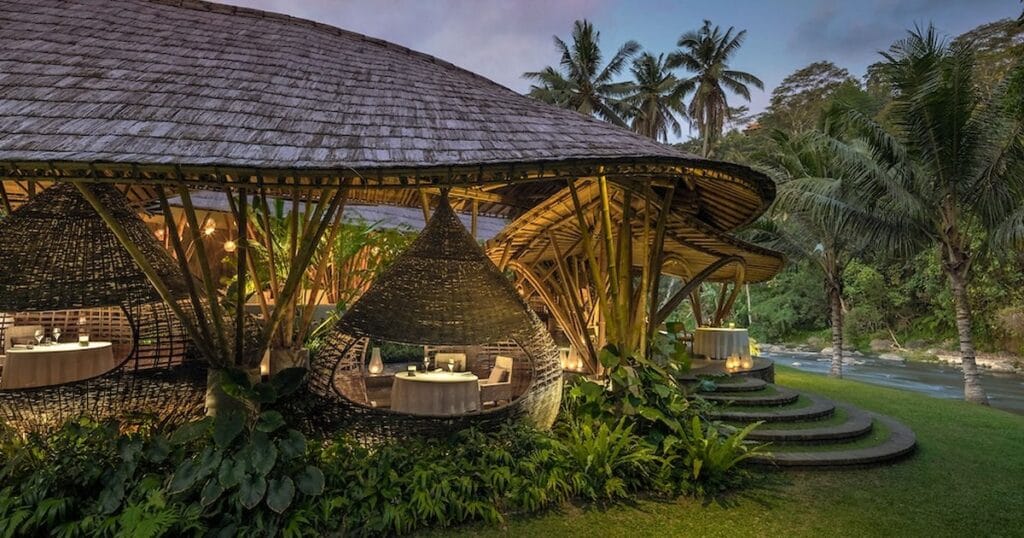 Bamboo dining cocoons of Kubu by the Ayung River at Mandapa, Ubud