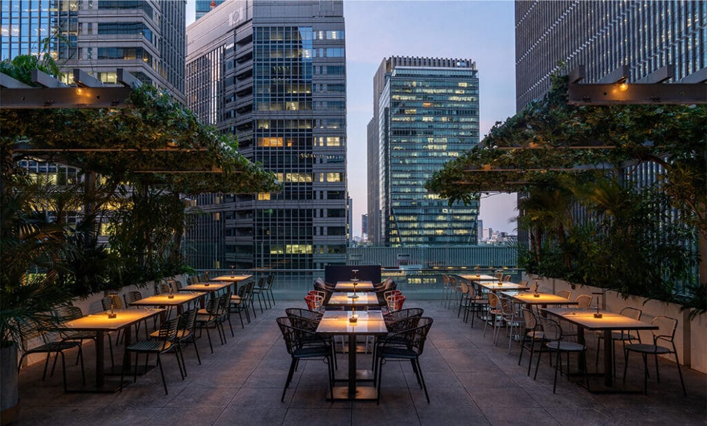 Interior of THE UPPER, French brasserie and bar at Marunouchi Terrace, Tokyo